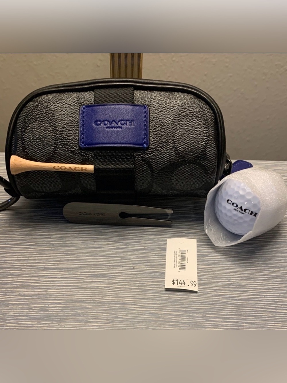 Coach Signature Golf Accessory Kit Pouch Golf Ball Divot Tool Tees Black & Blue